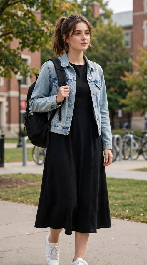 Black Dress with Denim Jacket