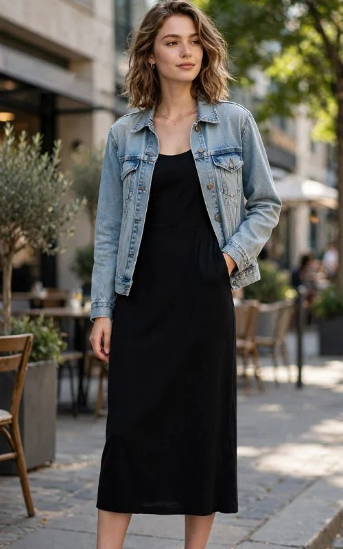 Black Dress with Denim Jacket