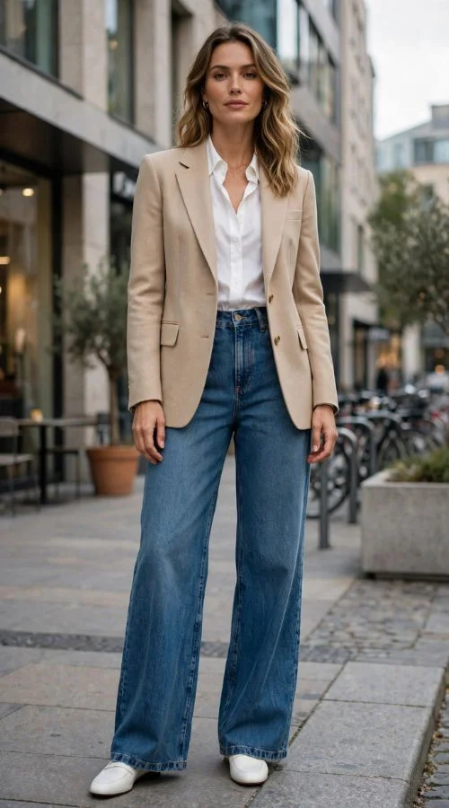 Blazer and Wide-Leg Jeans
