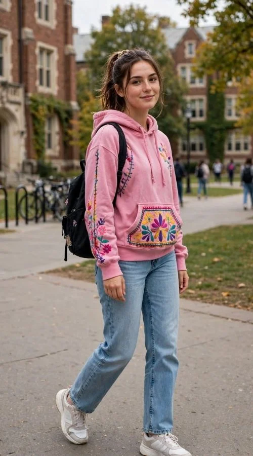 Colorful Hoodie and Straight-Leg Jeans