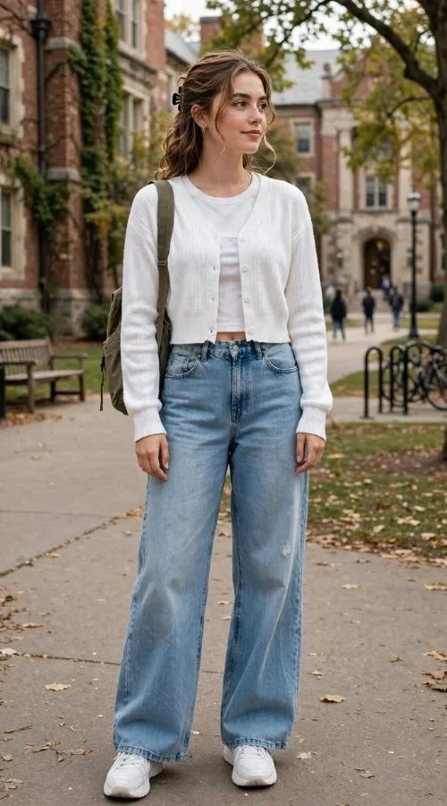 Cropped-Style Sweatshirt and High-Waisted Jeans