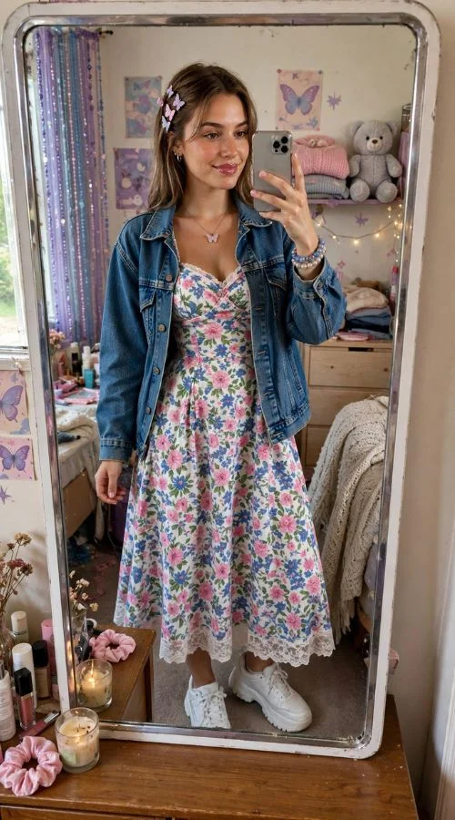 Denim Jacket and Floral Dress