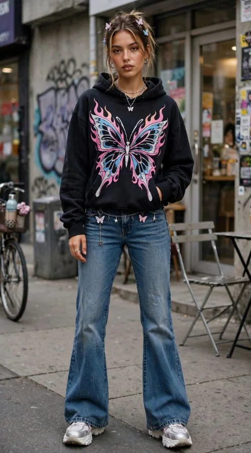 Graphic Hoodie and Flared Jeans 