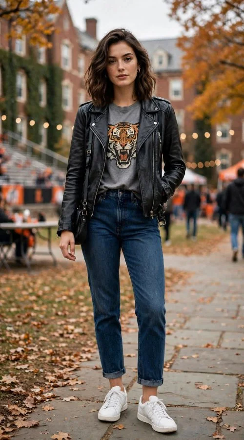 Graphic Team Tee and Leather Jacket
