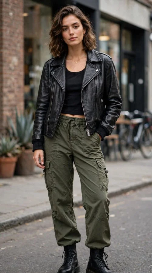 Leather Jacket and Cargo Pants