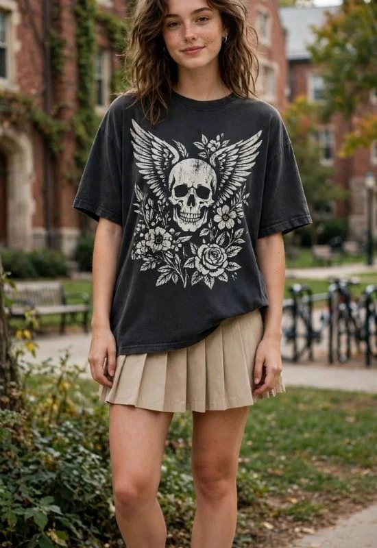 Oversized Graphic Tee With Pleated Skirt