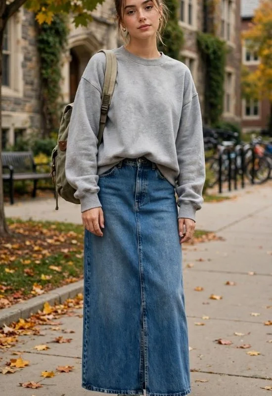 Sweatshirt With a Denim Maxi Skirt 