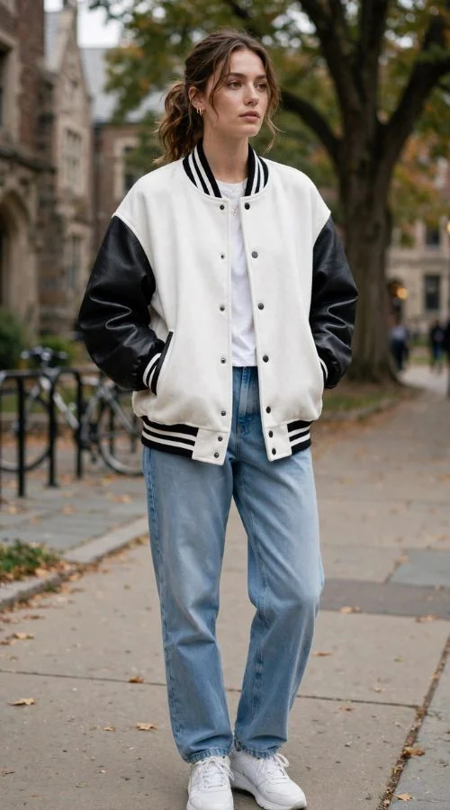 Varsity Jacket and Relaxed Jeans
