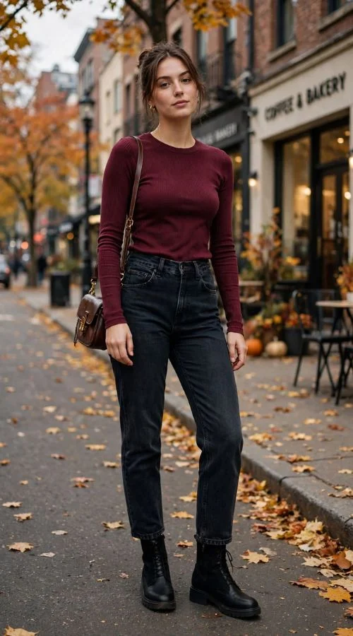 Burgundy Top and Dark Denim
