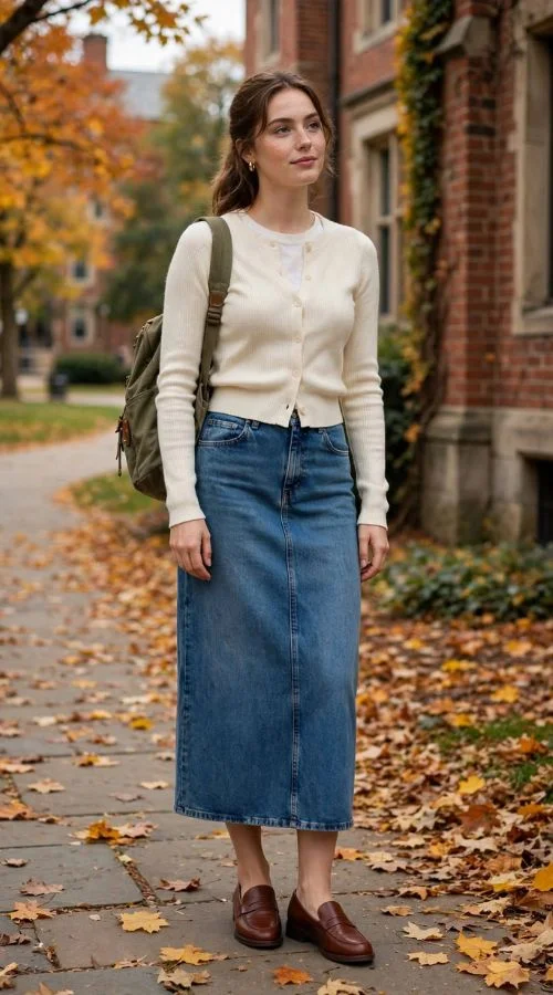 Denim Skirt and Fitted Cardigan
