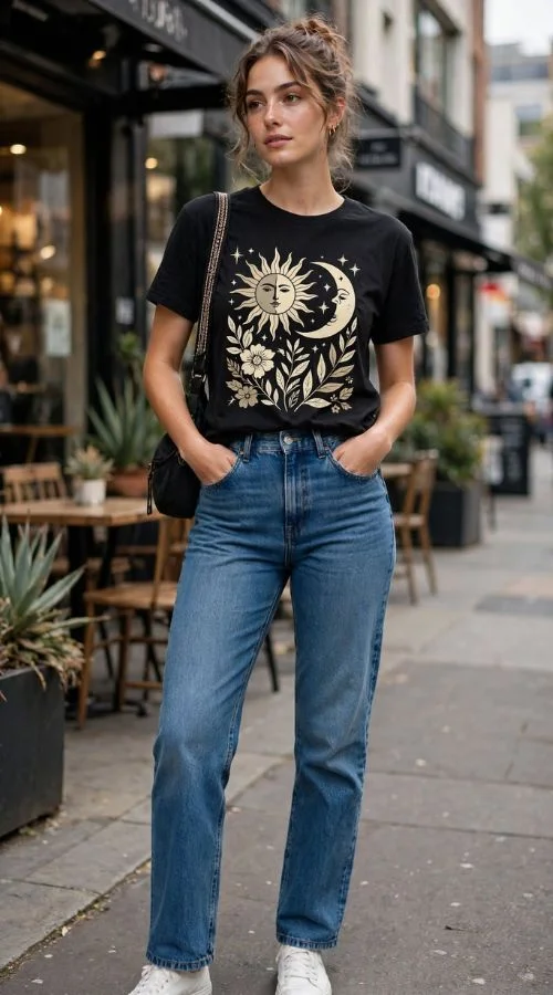 Graphic Tee and Straight-Leg Jeans
