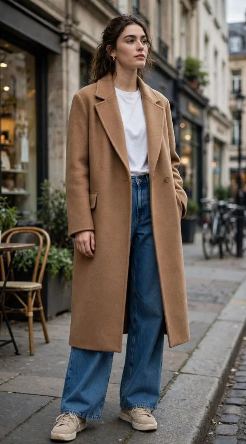 Long Coat With Wide-Leg Jeans
