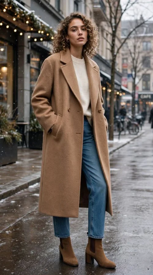 Long Wool Coat With a Sweater and Jeans
