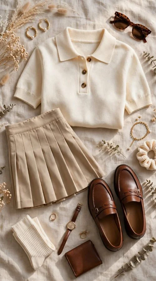 Polo Sweater With a Pleated Skirt

