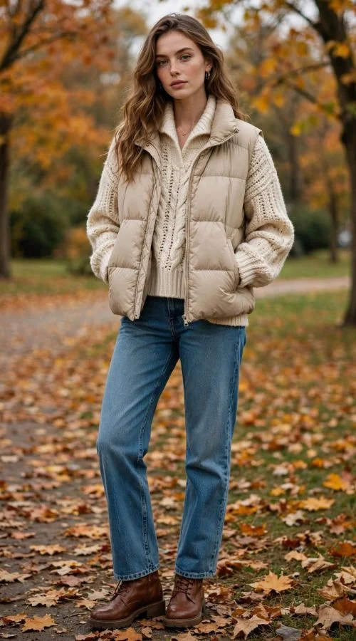 Puffer Vest Over a Knit Sweater
